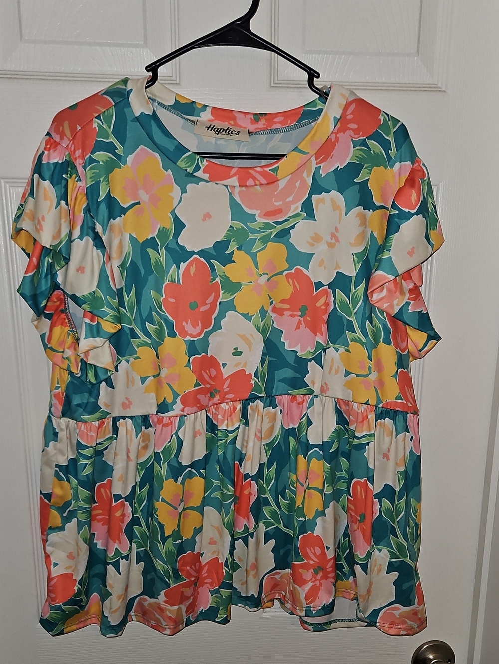 Haptics Women's Teal Floral Ruffle Short Sleeve Top